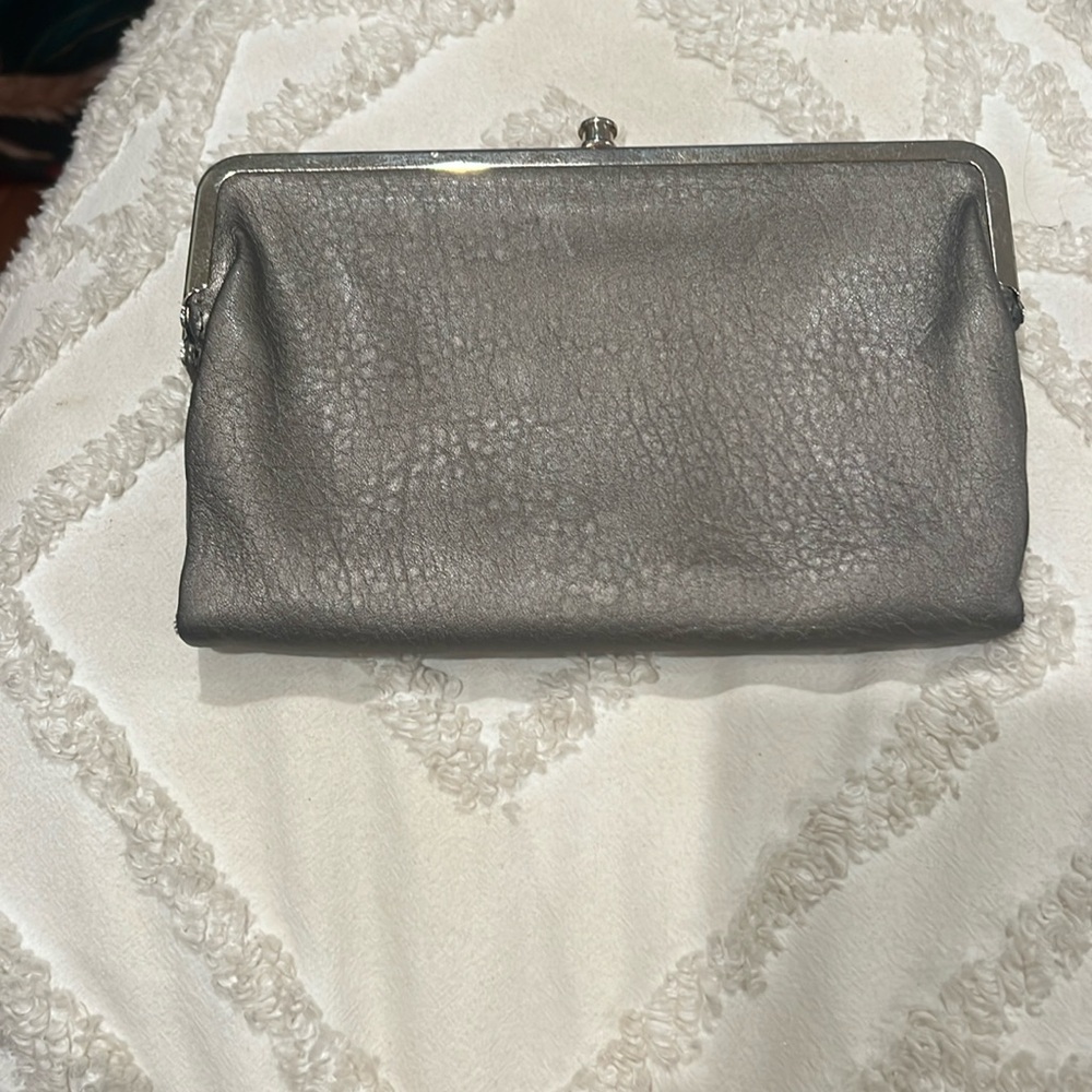 HOBO BAGS TWO SNAP WALLET CLUTCH IN BRONZE LEATHER LINED IN BLUE SATIN
